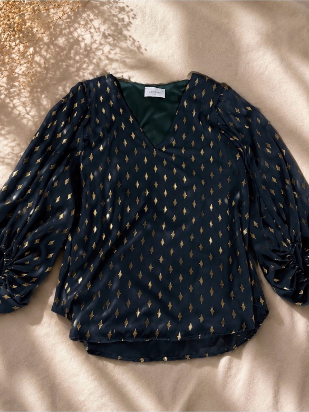 Adrianna Papell Navy Blouse with Metallic Gold Diamond Motif